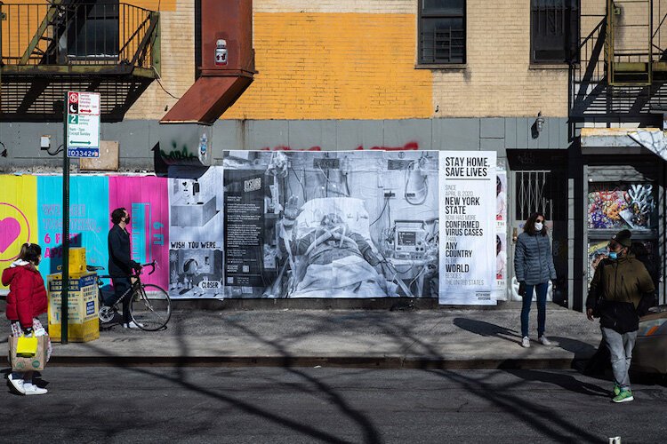 Pasted photograph by Fabio Bucciarelli for the New York Times and illustration by Jeremyville on Allen Street in Manhattan. ©Benjamin Petit.
