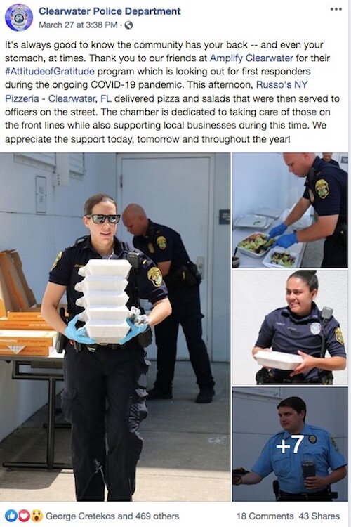 Clearwater Police thank the community on Facebook for bringing meals.