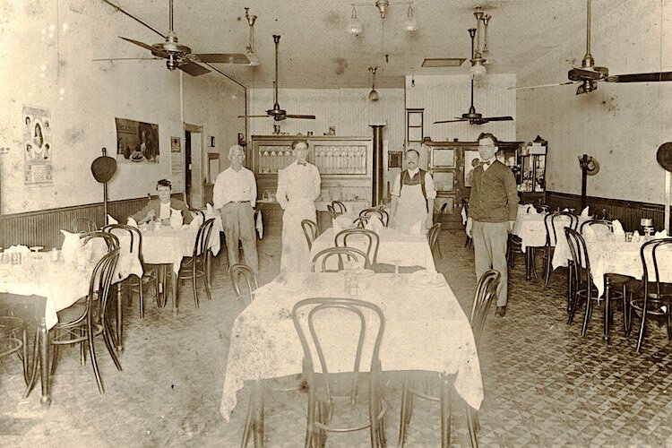 The Columbia La Fonda Dining Room in Ybor City circa 1920 with Casimiro Hernandez Jr., Richard Gonzmart's grandfather, on right.