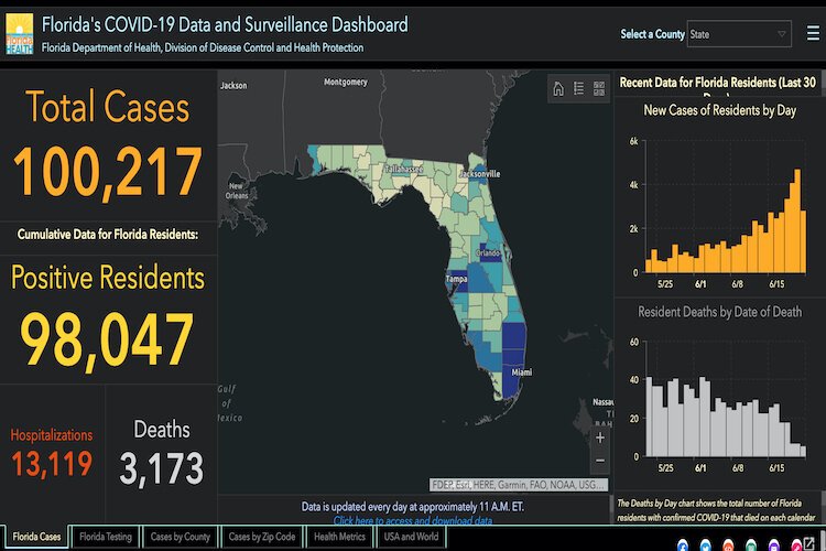 COVID-19 cases in Florida as of June 22, 2020.