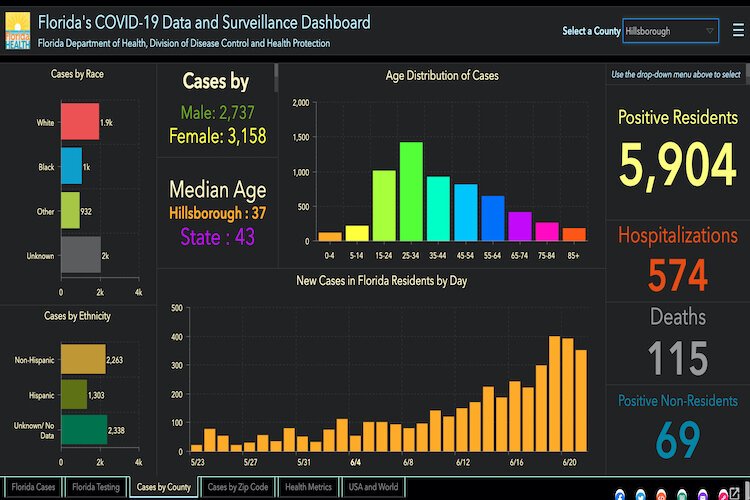 COVID-19 cases in Hillsborough County as of June 22, 2020.