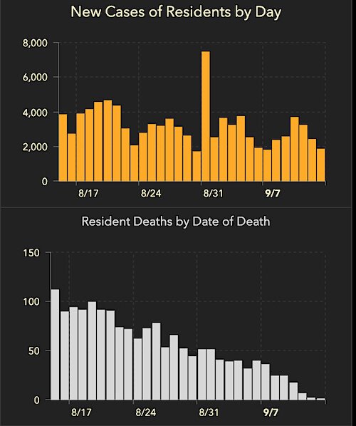 COVID-19 cases and deaths in Florida by date as of Sept. 14, 2020.
