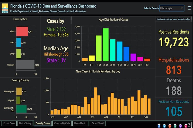 COVID-19 statistics for Hillsborough County as of July 13, 2020.