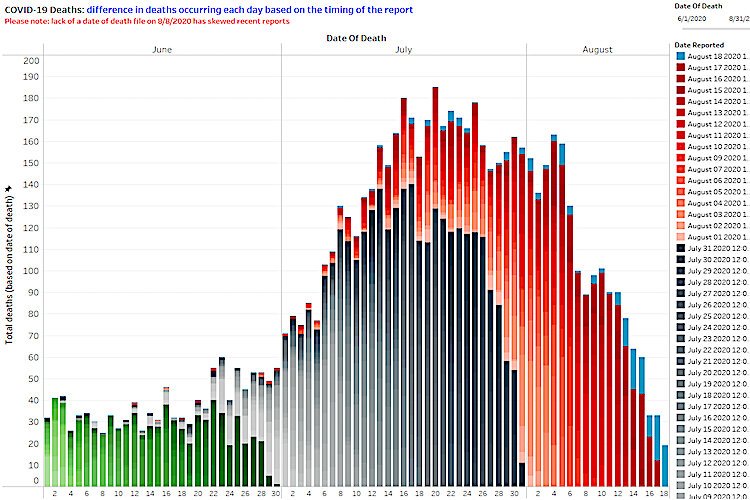 The light blue “tips” show when deaths reported on August 18 actually occurred. Most occurred within the previous two weeks, but some occurred more than three weeks prior to being reported.