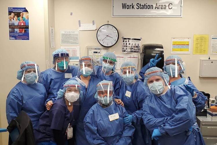 Face shields made by Emma Quintana as worn by doctors and nurses at Tampa Bay Area hospitals.