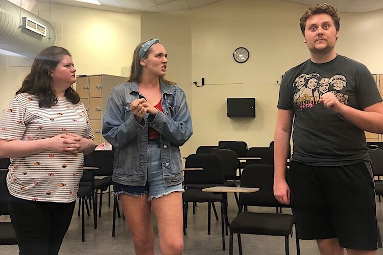 Sister-in-law Bélise (Alexa Sheppard, left) and wife Philaminte (Faith Kopecky, center) strike terror in the heart of Chrysale (Corbett Ballard, right).