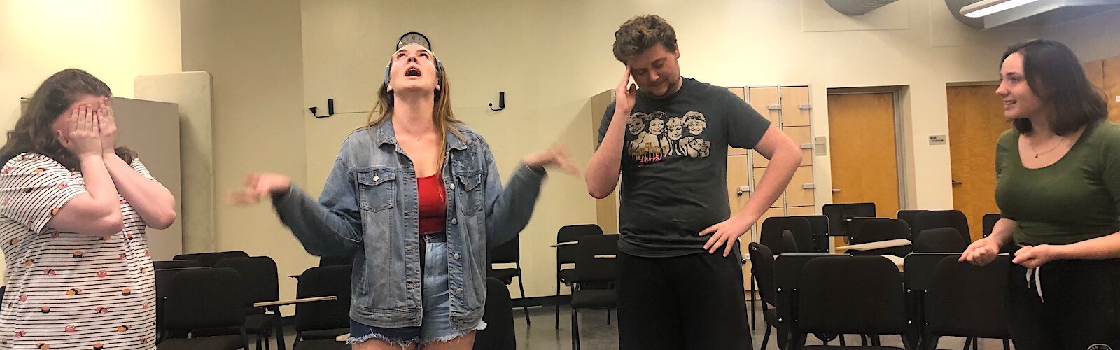 Bélise (Alexa Sheppard, left) and Philaminte (Faith Kopecky, center left) express their frustration at Chrysale (Corbett Ballard, center right) kitchen maid Martine (Tori Weaver, far right).