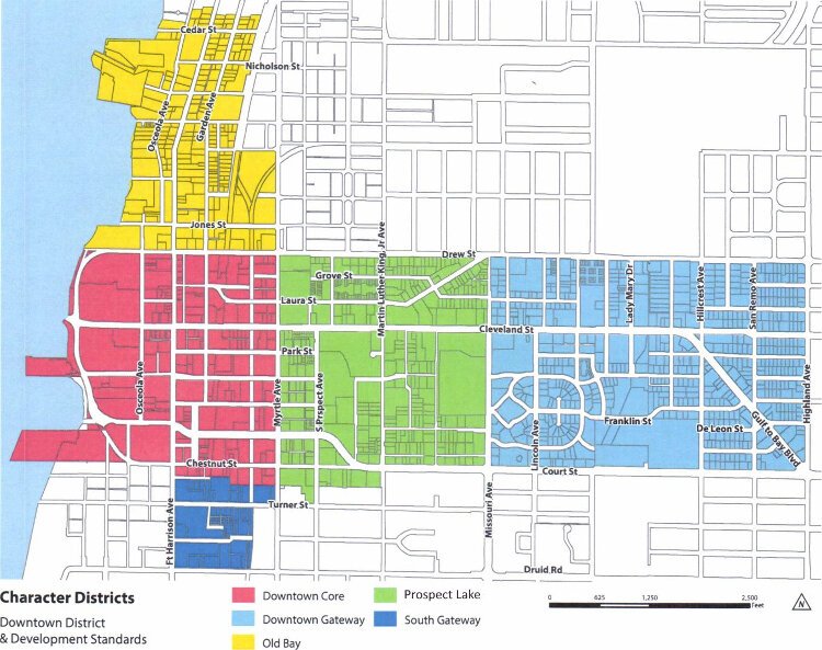 This map shows the five districts in the Clearwater redevelopment zone where density bonuses under the Public Amenities Incentive Pool will be provided for qualifying projects.