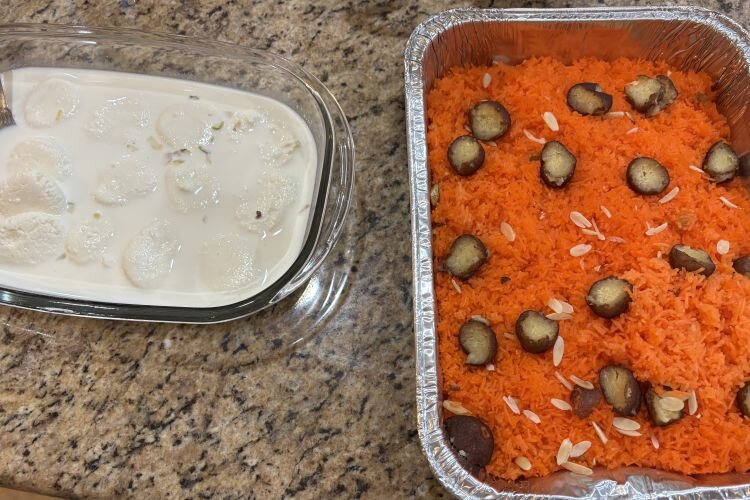 Yummy desserts like ras malai, a chilled dish of dough balls in flavored milk, and zarda, orange sweet rice garnished with almonds, raisins, and sweets, are a must for Eid.