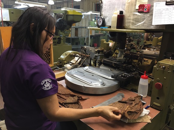 A cigar roller at J.C. Newman Cigar Company prepares the tobacco leaf.