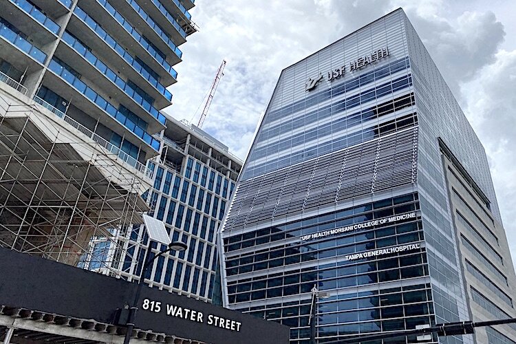 Water Street Tampa is under construction on the downtown waterfront, including the new USF medical school.