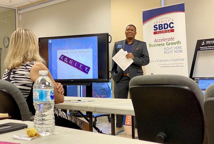 Osubi Craig, Director of UF's Center for Arts, Migration and Entrepreneurship, talks about equity issues in the arts during a February 2020 meetup at the ECC in Ybor City.