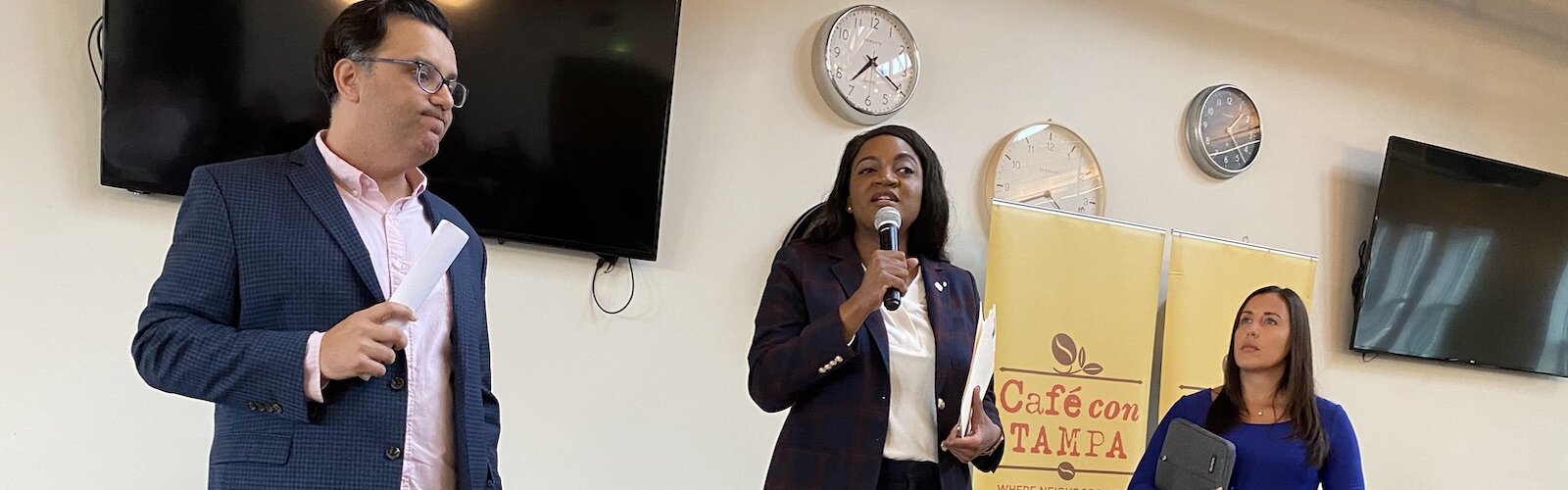 Florida State Rep. Fentrice Driskell addresses Cafe con Tampa about how best to memorialize lynchings along with Tampa City Council Chair Luis Viera and Tammy Briant Spratling of Community Tampa Bay.