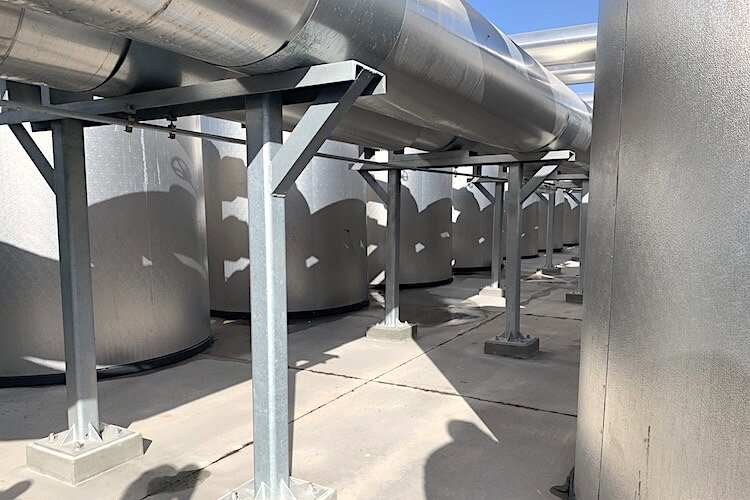 Pipes connect rows of ice storage tanks on the north side of the new District Cooling plant in downtown Tampa.