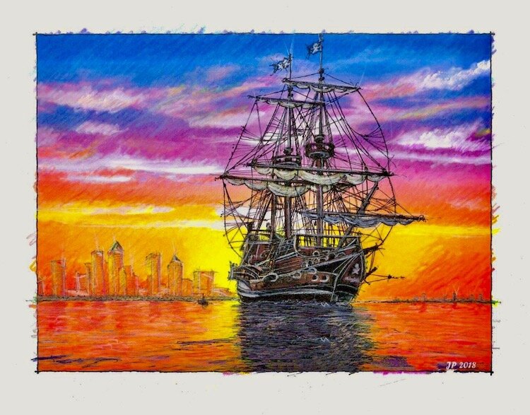 Gasparilla invasion sketch by John Pehling.