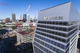 A drone's-eye view of the new USF Health Morsani College of Medicine and Heart Institute in downtown Tampa.