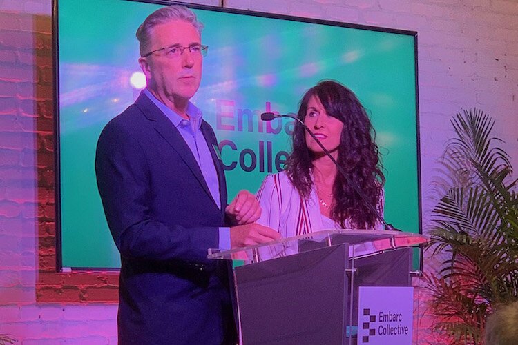Solu founder/CEO Michael Joly speaks as BlockSpaces chief executive officer Rosa Shores stands by at the opening of Embarc Collective in Tampa.