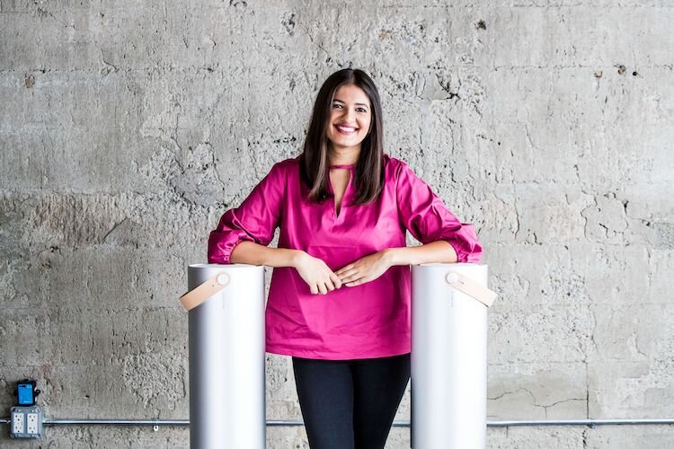 Molekule CEO Jaya Rao with the air purifier that kills bacteria, molds, and viruses.