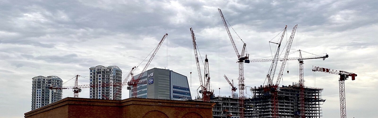 At least 9 construction cranes hover over the Water Street Tampa development.