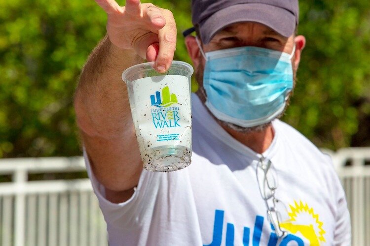 Plastic cups are a common find along the Tampa Riverwalk.