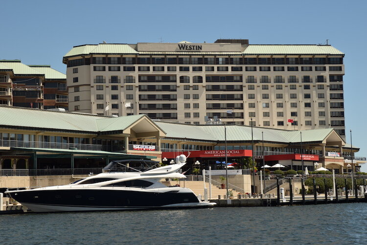 The Vanguard private yacht is anchored in front of American Social in Harbour Island.