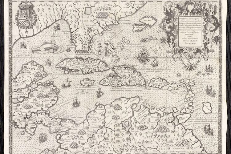 A woodcut print map of Florida first published in 1511.