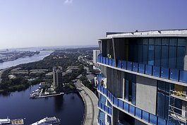 The view from atop Water Street Tampa looking toward Hillsborough Bay from downtown Tampa.