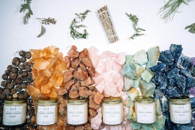 Blue Sage soy wax candles are hand-poured and made with essential oils. The Chakra collection and crystal-infused Intention collection are some of Blue Sage's most popular lines.