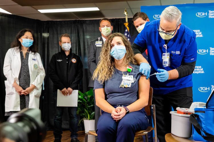 Vanessa Arroyo, a frontline nurse in TGH's COVID-19 unit, was the first person to get the COVID vaccine at Tampa General.