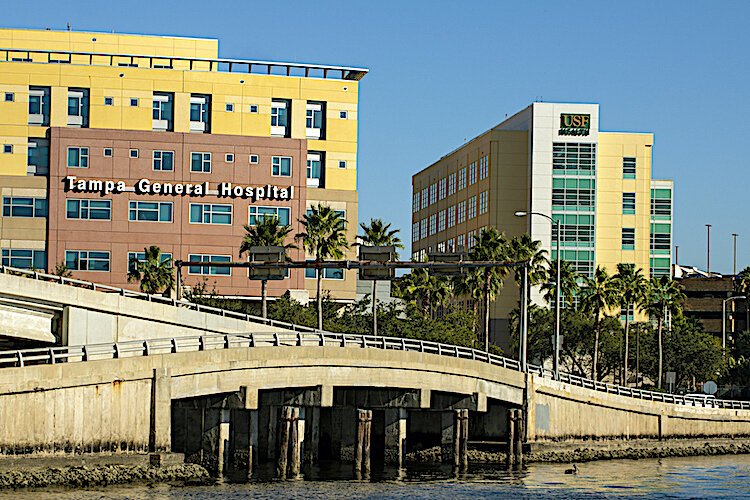 Tampa General Hospital and USF Health physician offices on Davis Islands, just across the waterway from the new College of Medicine in Water Street Tampa.