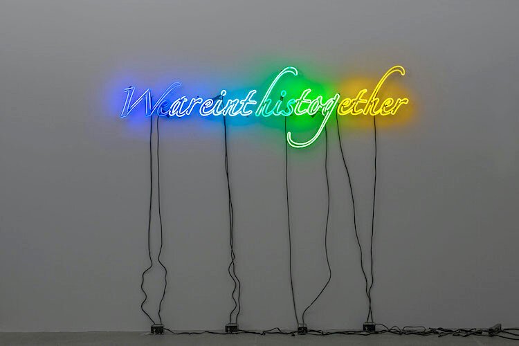 Tavares Strachan, "We Are in This Together (Multi)", 2019. Cobalt, super blue, sky blue, traffic light green, green, clear gold neon, transformers.