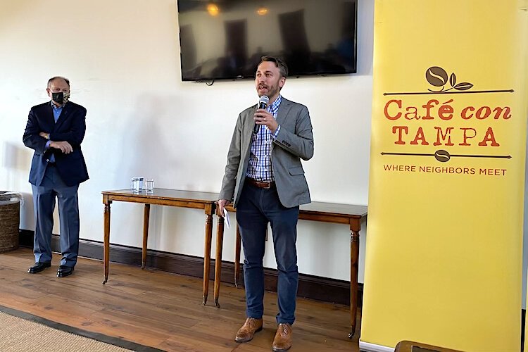 Eric and Drew Newman, representing the third and fourth generatiions of the Newman family in Tampa, speak at Cafe con Tampa.