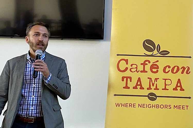 Drew Newman of Newman Cigar Company in Ybor City speaks during a 2021 Café con Tampa event.