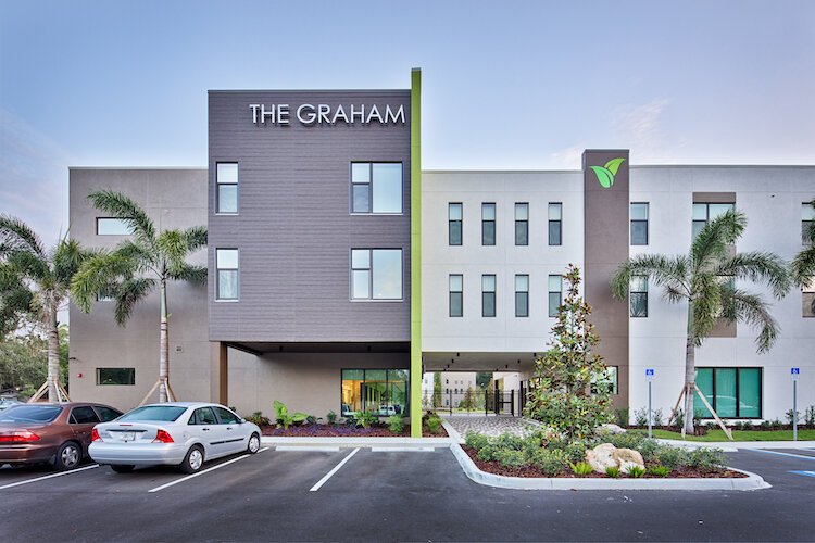 The Graham features 90 units; half of the residents qualify as at-risk homeless adults and 50% as senior adults.