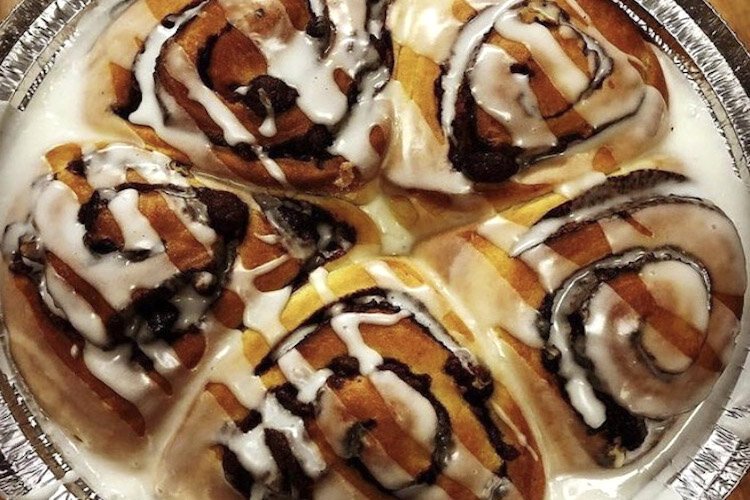 Chocolate Babka cinnamon rolls with maple icing.