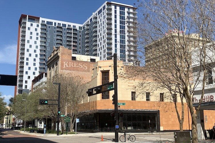 The Kress building, just behind the former Woolworth building, share a downtown Tampa block with the former J.J. Newberry building (largely obscured here) and represent Tampa’s Art-Deco movement.