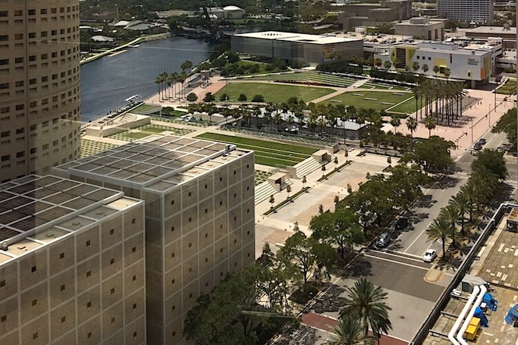 A broader view of Kiley Gardens and Curtis Hixon Park between Ashley Drive and the Tampa Riverwalk.