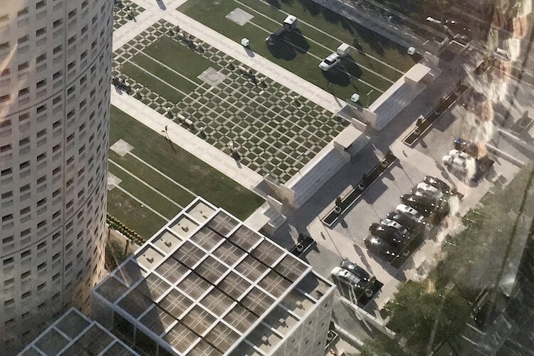 Looking down on Kiley Garden from next door shows the lack of trees, which were removed in 2006.