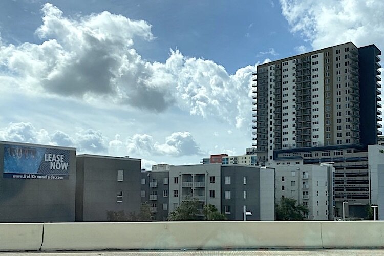 An array of new apartments dominate the skyline in the Channel District of Tampa.