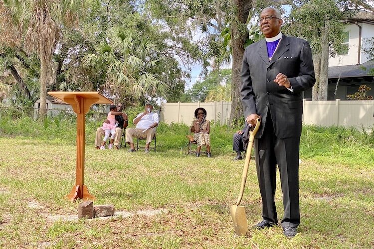 The Rt. Rev. Adam Jefferson Richardson Jr., Senior Bishop of A.M.E. Church Worldwide, Episcopal, prepares to break ground at the new Frederick Douglass Memorial Community Park in Port Tampa. 