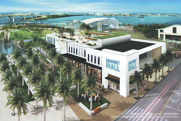 Rendering of food hall/brewery overlooking waterfront park (Harborview siite).