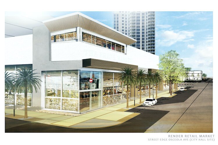 Rendering retail market, street edge Osceola Avenue (City Hall site).