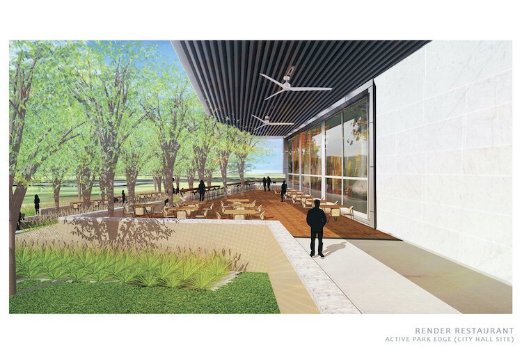 Rendering restaurant, active park edge (City Hall site).