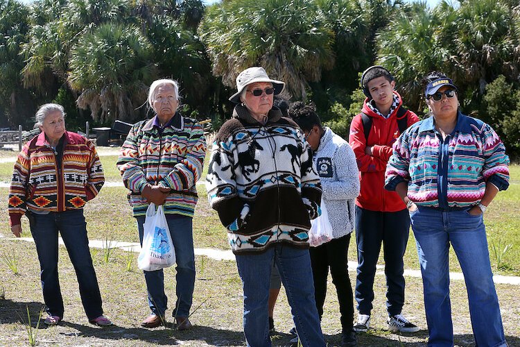 Seminole Elders Helene Buster, Andy Buster, Connie Whidden, and Michele Thomas, and Seminole youth Rylec King, at Egmont Key.