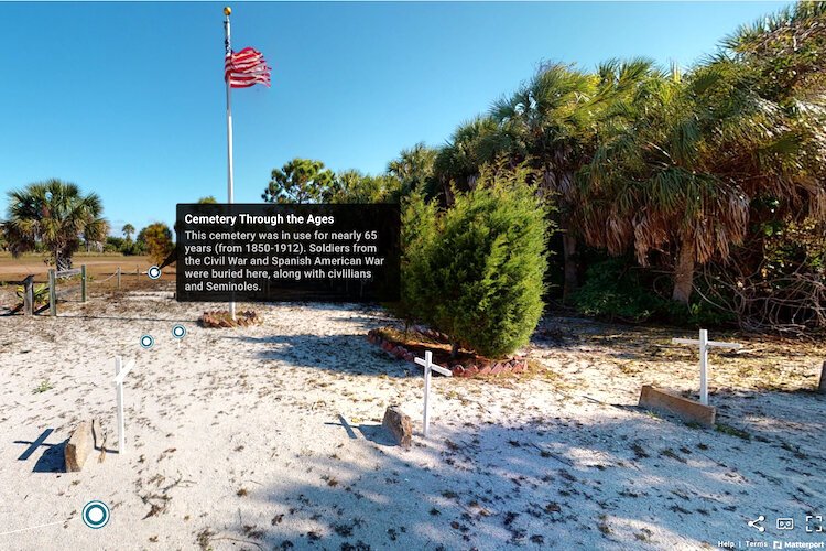 USF Access 3D Lab uses a Matterport 3D camera to scan sites on Egmont Key. Each white dot in this screenshot represents a "Matterport tag" on which virtual visitors can click to learn more when they visit a Matterport gallery.
