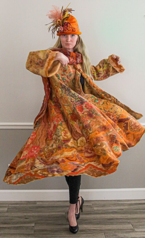 Leeann Kroetsch models a swing coat; she utilized what she learned in ACHC grant-funded fiber workshops in her wearable art.