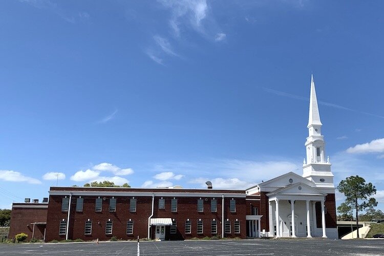 This is an image of Seminole Heights Baptist Church in February 2021, just before its demolition to make way for the new Memorial Hospital of Tampa freestanding emergency room.