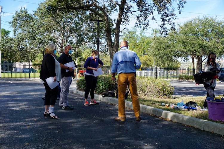 The Trash-Free Waters program team gathers in December of 2020 to practice their Escaped Trash Assessment Protocol Data Collection skills.