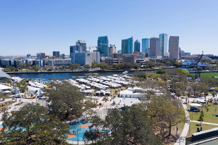 Aerial view of the Gasparilla Festival of the Arts when it was last held in-person at Riverfront Park in 2020.