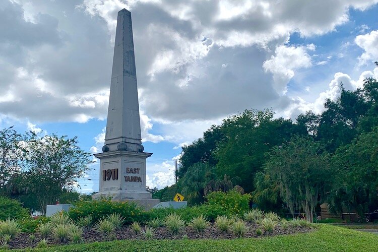 An obelisk erected on the roundabout on 22nd Avenue North in Collage Hill.